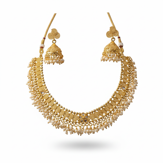 Gold Pearl Necklace Set - White Background