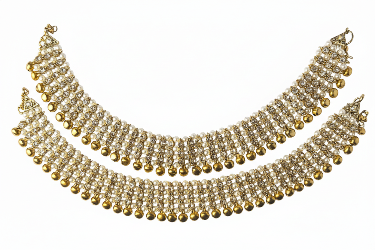 Gold Pearl Necklace - White Background