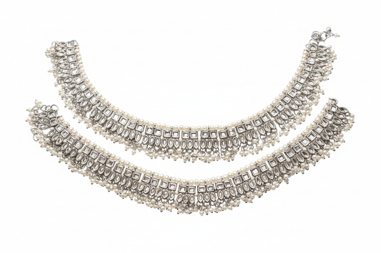 Silver Pearl Jhanjhar Anklet - White Background